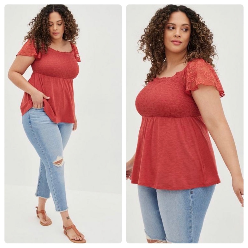 3/$22🩶 Torrid Smocked Lace Sleeve Babydoll Tank Blouse Cotton Rust 4X 26